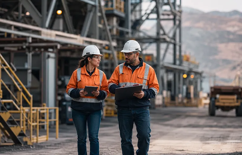 Dos profesionales con casco, ropa de alta visibilidad y carpetas técnicas recorren una instalación minera con estructuras industriales y paisaje cordillerano al fondo.