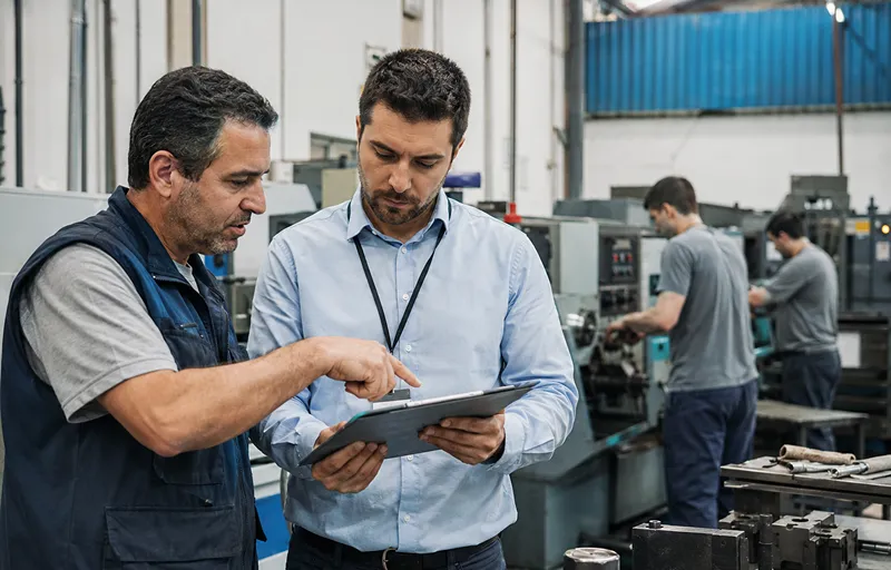 Responsable de una pyme industrial y auditor revisan información en una tablet dentro de un taller productivo, con maquinaria y operarios trabajando al fondo.