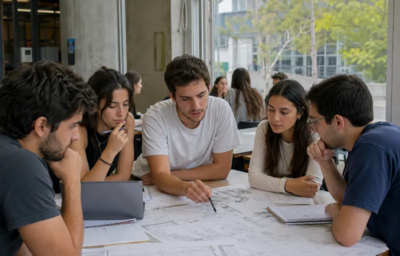 Cinco estudiantes universitarios trabajan en equipo alrededor de una mesa con planos, croquis, cuadernos y computadora, en un taller de arquitectura vinculado al análisis de infraestructura y territorio.