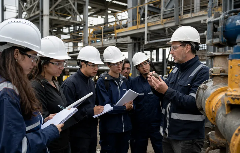Docente o supervisor técnico explica un material o procedimiento a un grupo de estudiantes con cascos, ropa de trabajo y cuadernos, dentro de una planta industrial con estructuras metálicas y cañerías.