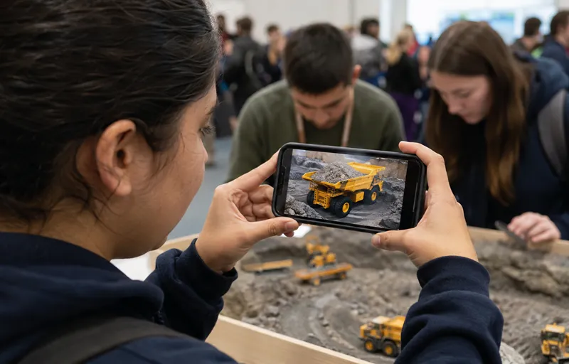 Estudiante utiliza un teléfono celular para visualizar un modelo digital de un camión minero sobre una maqueta de una operación a cielo abierto.
