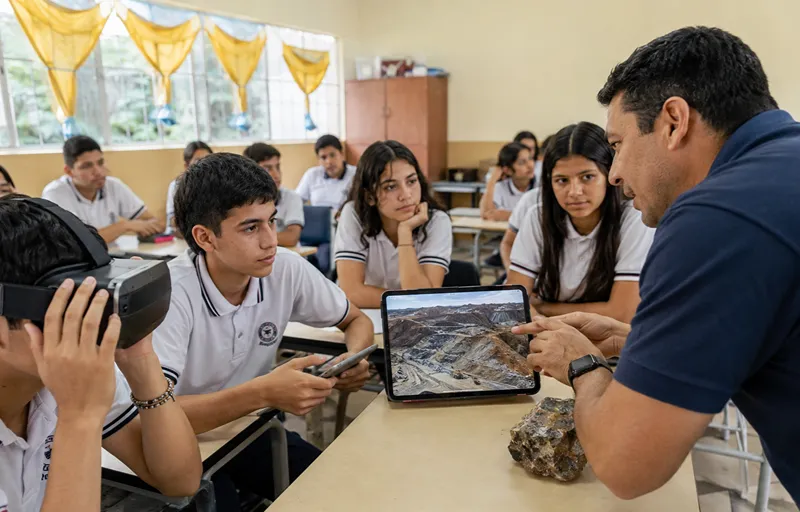 Estudiantes secundarios participan de una actividad educativa sobre minería utilizando un visor de realidad virtual y una tableta con imágenes de una operación minera.