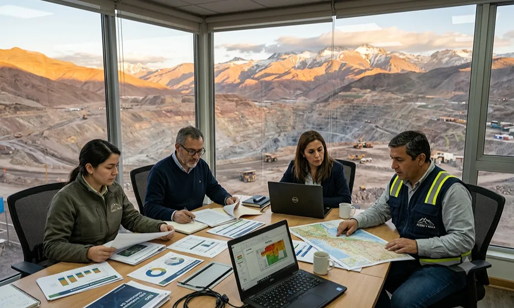 Equipo multidisciplinario analiza una matriz de compliance en minería y gestión de riesgos con una operación minera de fondo.