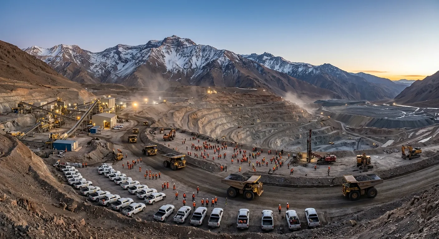 Vista panorámica de un yacimiento a cielo abierto con camiones fuera de ruta, camionetas 4x4 y personal técnico operando durante la actividad de minería en San Juan.
