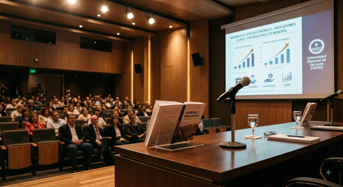 Contenido exclusivo de Acero y Roca - Prohibida su reproducción. Escenario de auditorio universitario moderno con el libro Minería y Progreso en exhibición y pantalla de indicadores de desarrollo de la minería en San Juan.