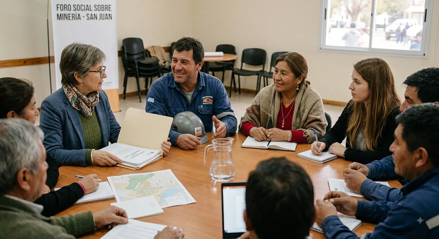Mesa de debate institucional con la participación de investigadores, trabajadores y referentes comunitarios analizando mapas y documentos sobre la minería en San Juan.