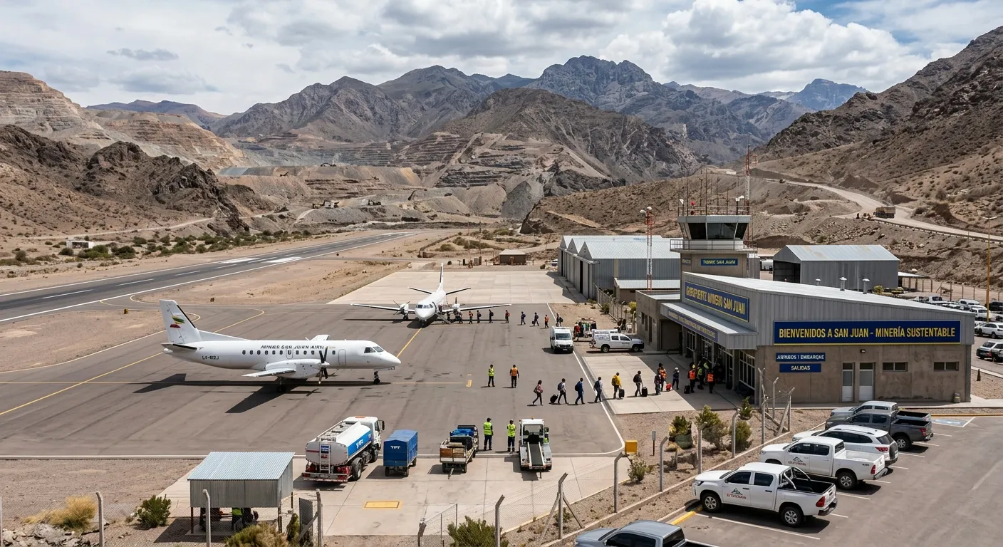 Pista de un aeropuerto minero entre montañas proyectado para la logística aérea minera San Juan.