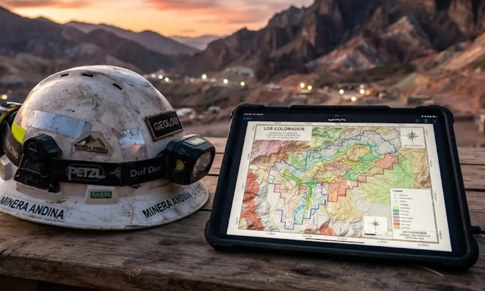Casco de minería y tablet con mapas catastrales representando la seguridad jurídica.