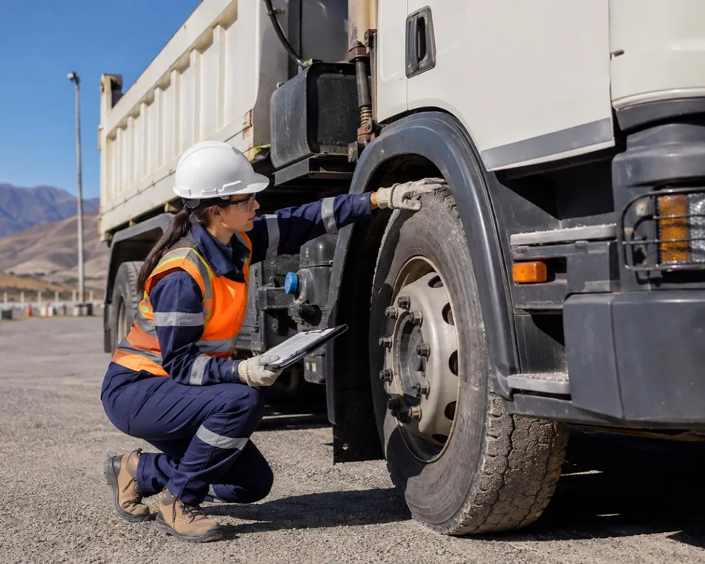 mujer arrreglando neumatico de camion minero