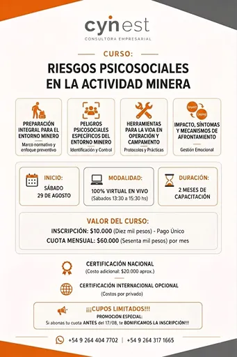 Curso de riesgos psicosociales en minería de sobre prevención, autocuidado, vida en campamento y gestión emocional.