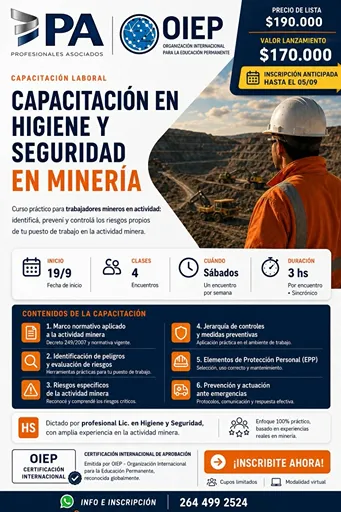 Flyer de la capacitación en higiene y seguridad minera de Profesionales Asociados, con inicio el 19 de septiembre.