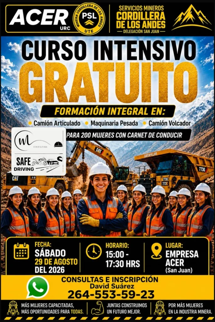 Minería en San Juan: nueva capacitación gratuita de equipos pesados organizada por la Agrupación Cordillera de los Andes
