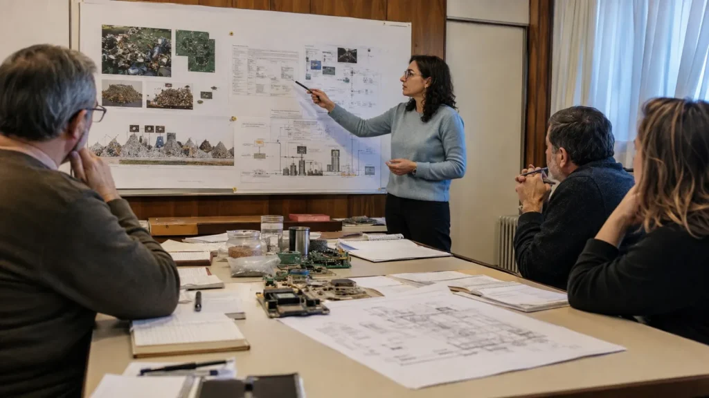 Equipo interdisciplinario de docentes, técnicos y becarios de la Facultad de Ingeniería de la UNSJ presentando los avances del programa de minería urbana.