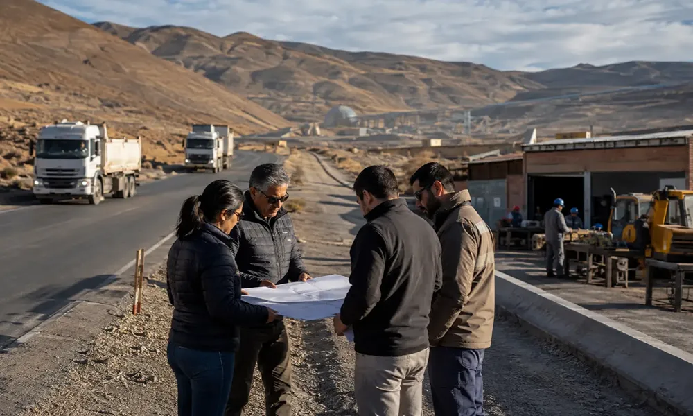 Representantes de transporte, infraestructura y proveedores locales revisan planos junto a una ruta y un taller industrial.