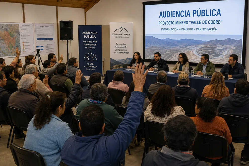 Participación ciudadana durante una audiencia pública relacionada con una iniciativa minera.