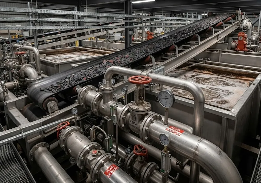 Detalle de ingeniería de una planta de flotación y procesamiento de minerales, resaltando sistemas de tuberías de acero y cintas transportadoras automáticas.