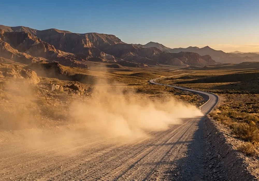 Paisaje de la estepa andina con infraestructura vial habilitante para el transporte logístico, representando la conexión entre los yacimientos y los nodos de exportación.