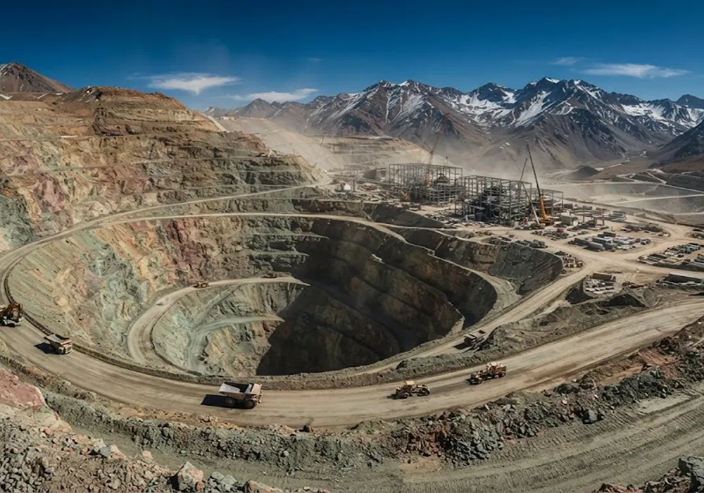 Vista técnica de un frente de explotación de cobre en la alta cordillera de San Juan, con terrazas de excavación y diseño de caminos para transporte pesado de gran escala.