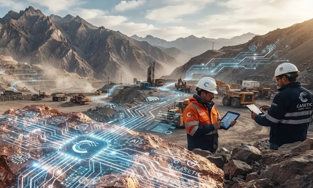 Representación simbólica de la integración tecnológica en la minería de San Juan, mostrando circuitos digitales sobre roca mineral.