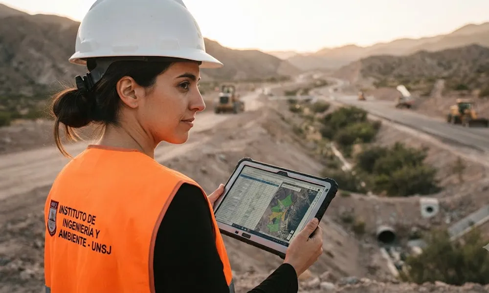 ingeniero civil revisando parámetros de sustentabilidad en un proyecto de infraestructura.
