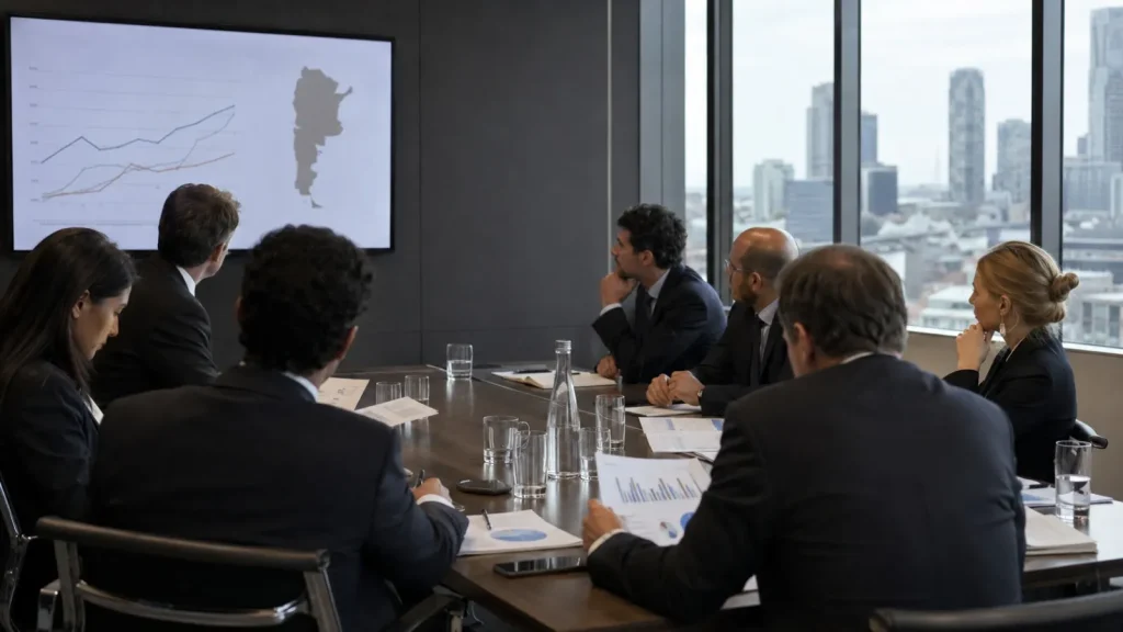 Reunión de ejecutivos y funcionarios provinciales en el road show internacional presentando el bono San Juan.