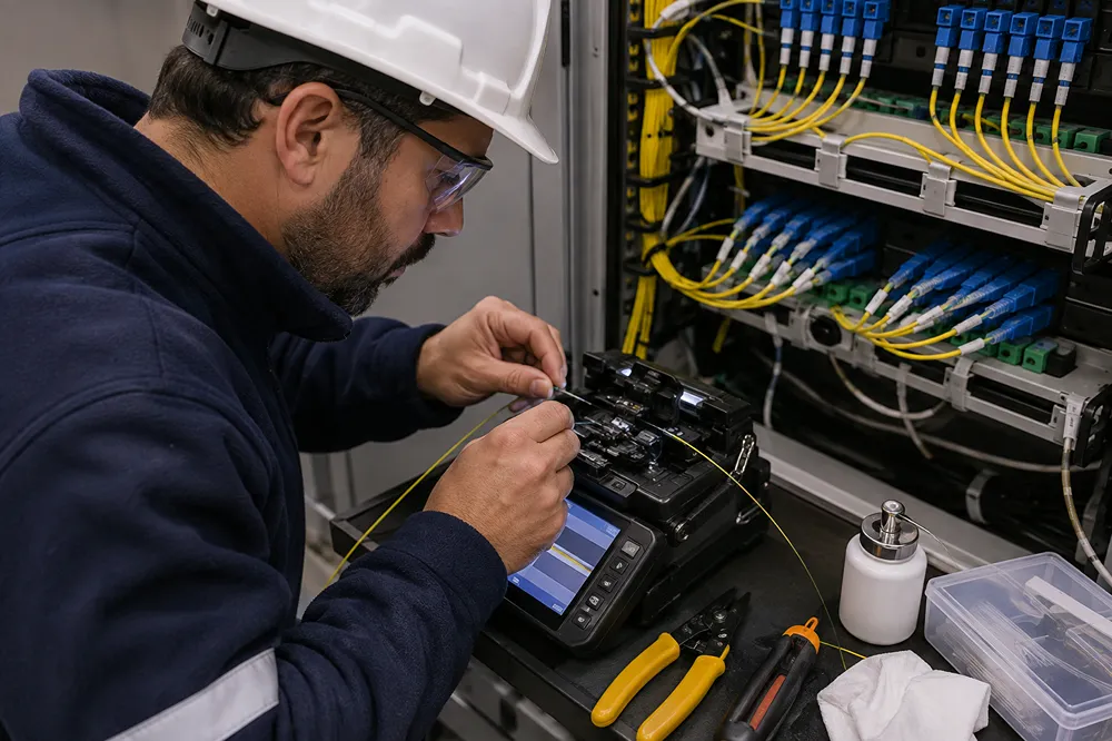 Especialista realizando montaje de fibra óptica.
