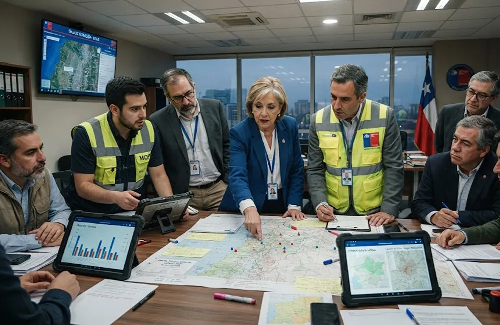 Profesionales de ingeniería y autoridades analizando catastros de recursos y mapas de riesgo en una sala de situación con dispositivos digitales.