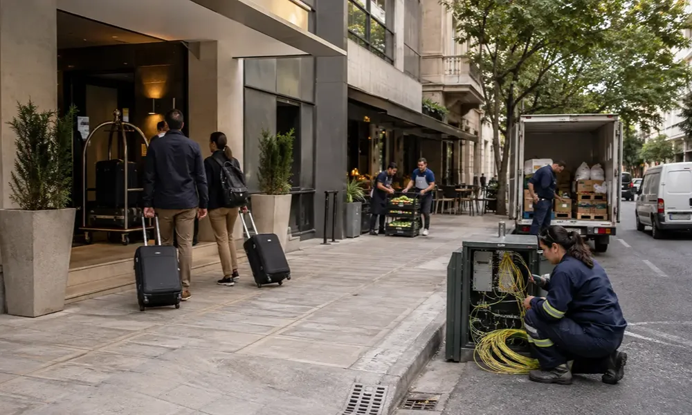 Servicios hoteleros, gastronómicos y de conectividad funcionan en una calle urbana de San Juan.