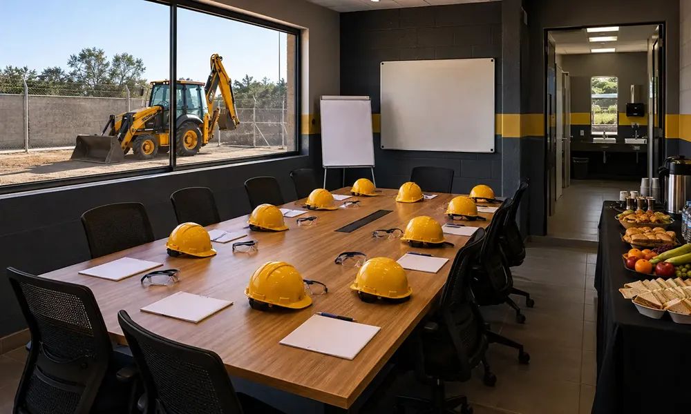 Sala preparada para diez participantes con cascos, protección ocular, material didáctico, refrigerios y acceso a instalaciones sanitarias.