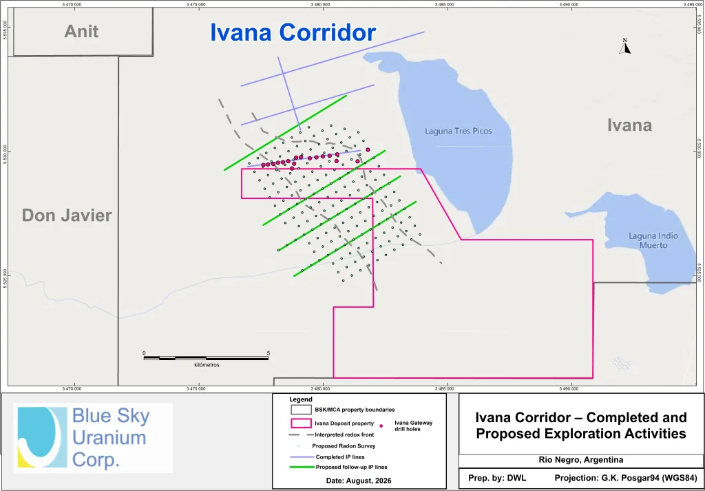 Mapa geológico y áreas prospectivas de uranio y vanadio en el distrito Amarillo Grande.