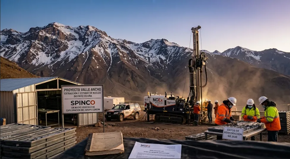 Escena realista de exploración minera en el Distrito Vicuña, mostrando la operación de perforación en el Proyecto Valle Ancho del Grupo Lundin, con carteles indicando la creación de Spinco.