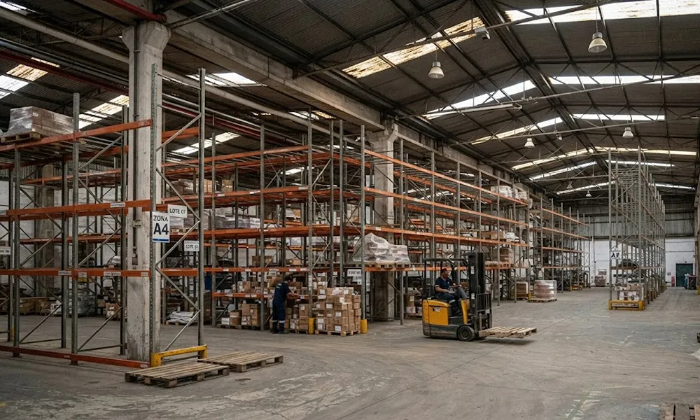 Un depósito industrial con estanterías semivacías, representando la liquidación de stocks, estilo hiperrealista. Alt Text: Depósito industrial con stock reducido en Argentina.