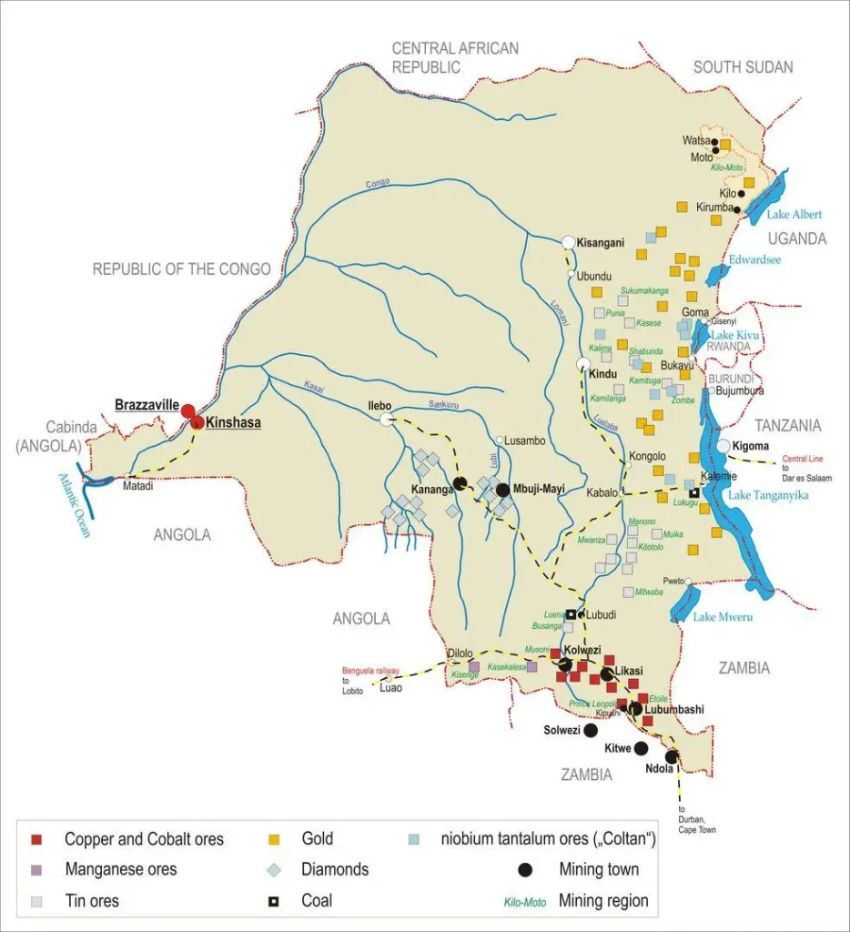 Mapa temático de la distribución de reservas de cobalto, cobre y uranio en el continente africano.