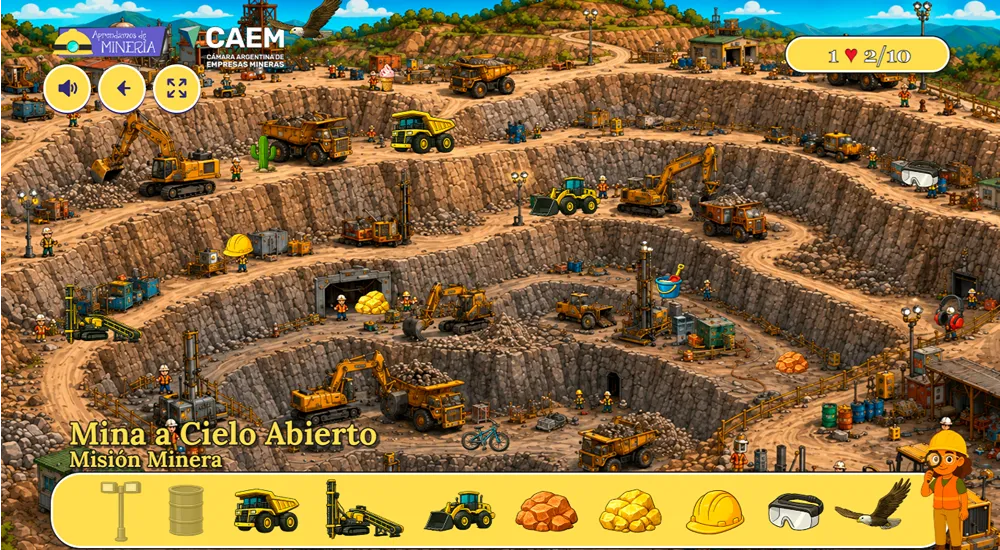 captura de pantalla del video juego mision minera en la parte de seleccion de objetos en una mina a cielo abierto