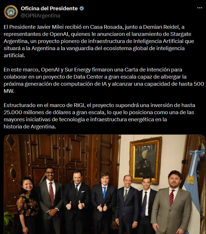 Javier Milei y ejecutivos de OpenIa en casa de Gobierno en octubre de 2025.
