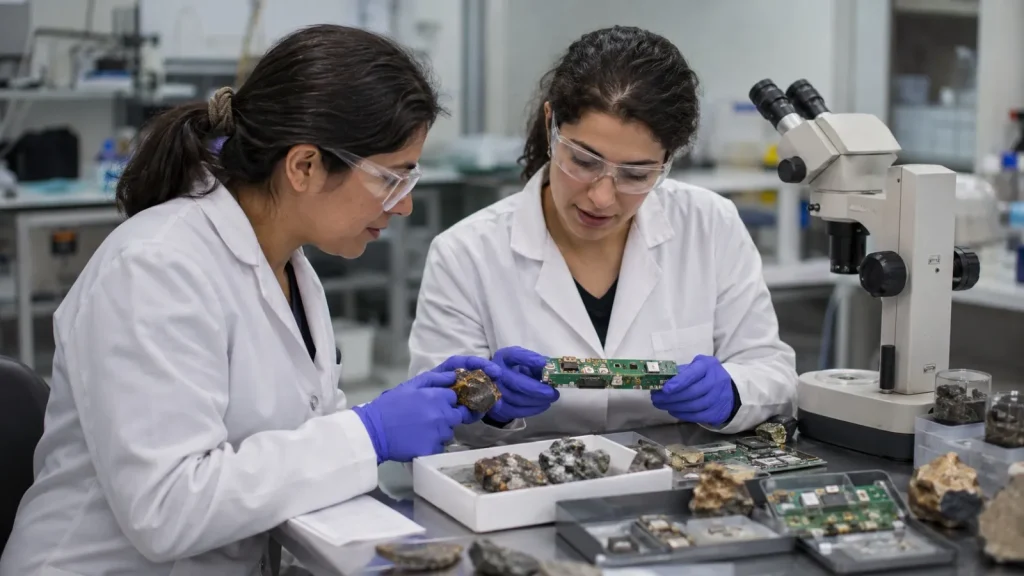 Dos investigadoras del Instituto de Investigaciones Mineras de la UNSJ realizando análisis de laboratorio sobre residuos electrónicos para minería urbana de cobre.