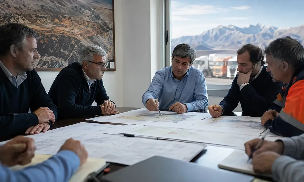 Equipo técnico revisa mapas, documentación y avances de infraestructura mediante planos impresos y herramientas informáticas