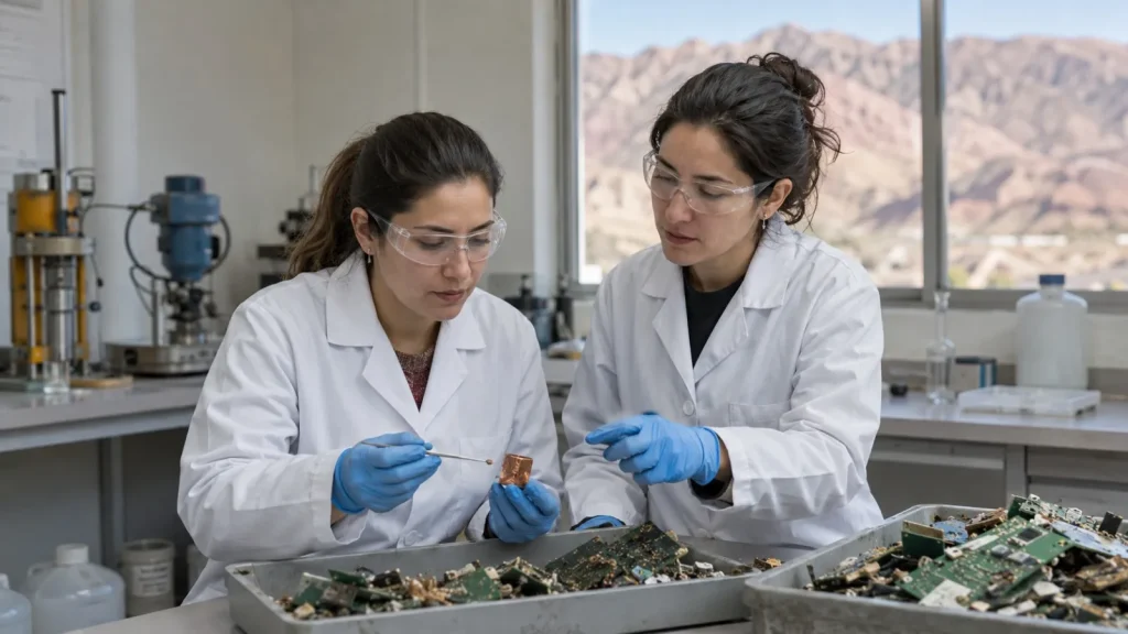 Dos científicas analizando la composición química de chatarra electrónica para identificar concentraciones de cobre y otros metales valiosos.