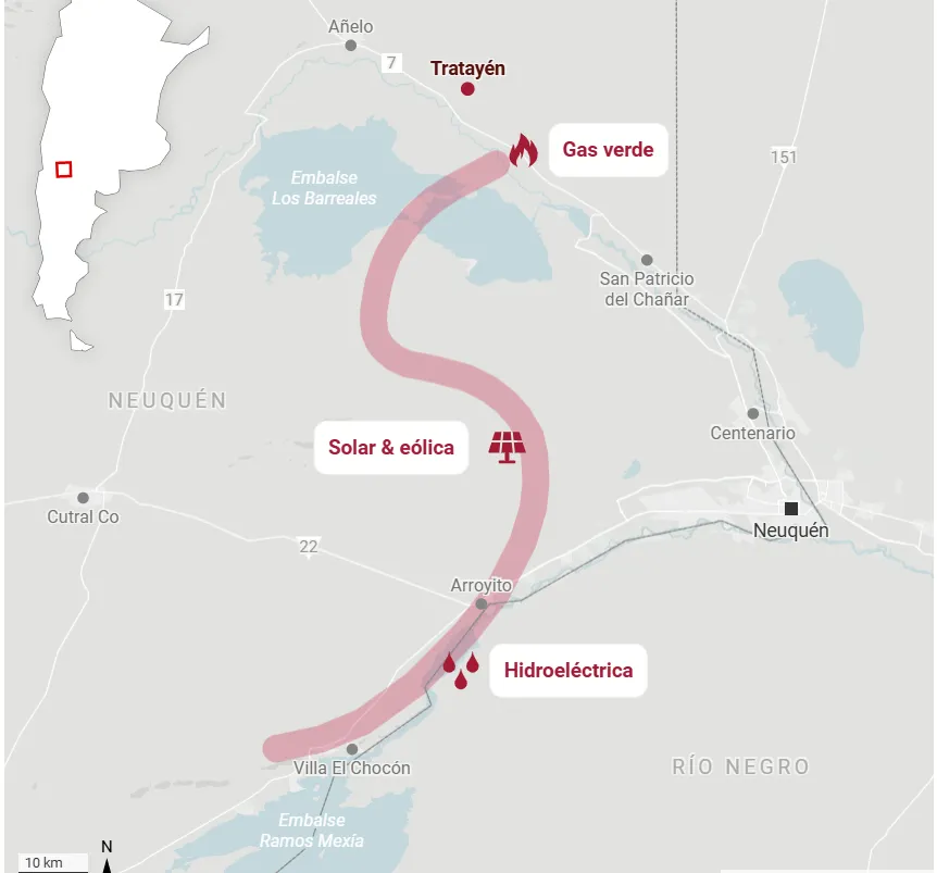Mapa con la región promovida por el Gobierno de Neuquén para la instalación de los centros de datos.
