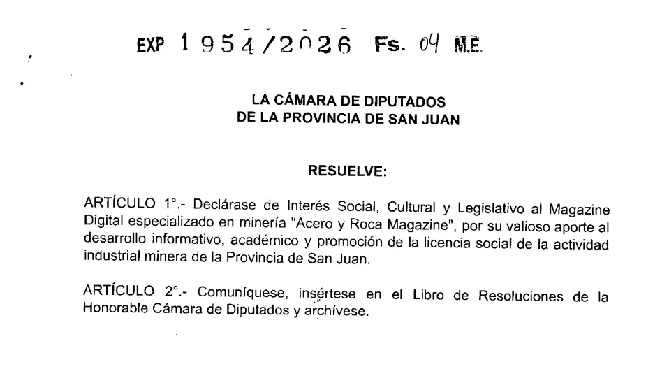 Resolución de interés social cultural y legislativo a Acero y Roca