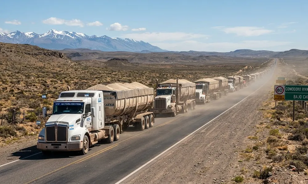Camiones de carga transportando arena especial para fracking en las rutas de la Patagonia argentina.