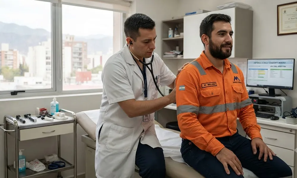 Médico evaluando la capacidad pulmonar y física de un aspirante a minería.