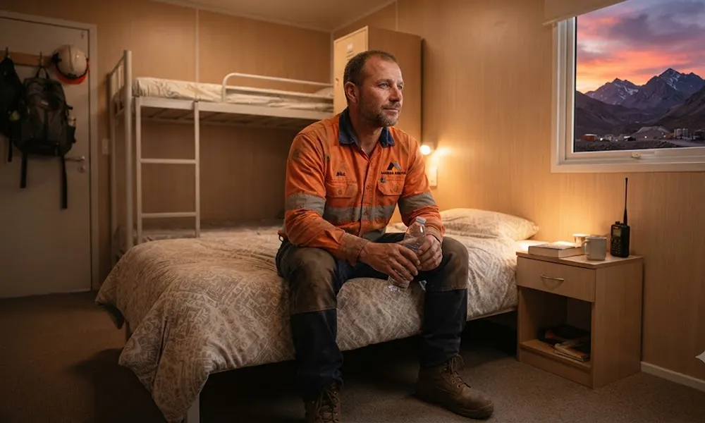 Un minero descansando en su habitación del campamento tras una jornada laboral.