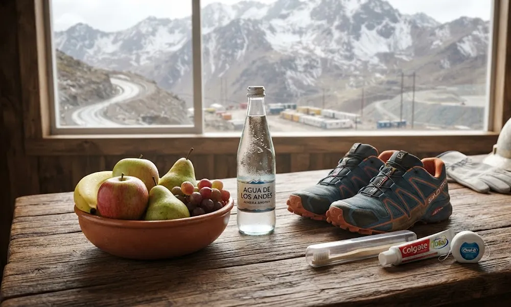 Alimentos saludables y equipo de gimnasia sobre una mesa, simbolizando la preparación.