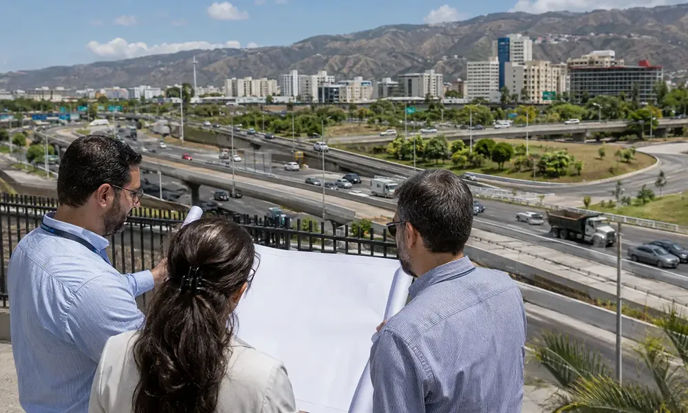 Ingenieros analizan alternativas viales mientras observan el tránsito de una avenida de circunvalación urbana.

