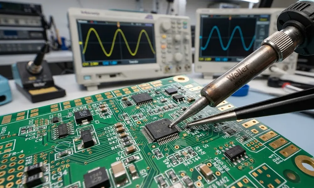 Primer plano de una placa de circuito electrónico siendo soldada con precisión.