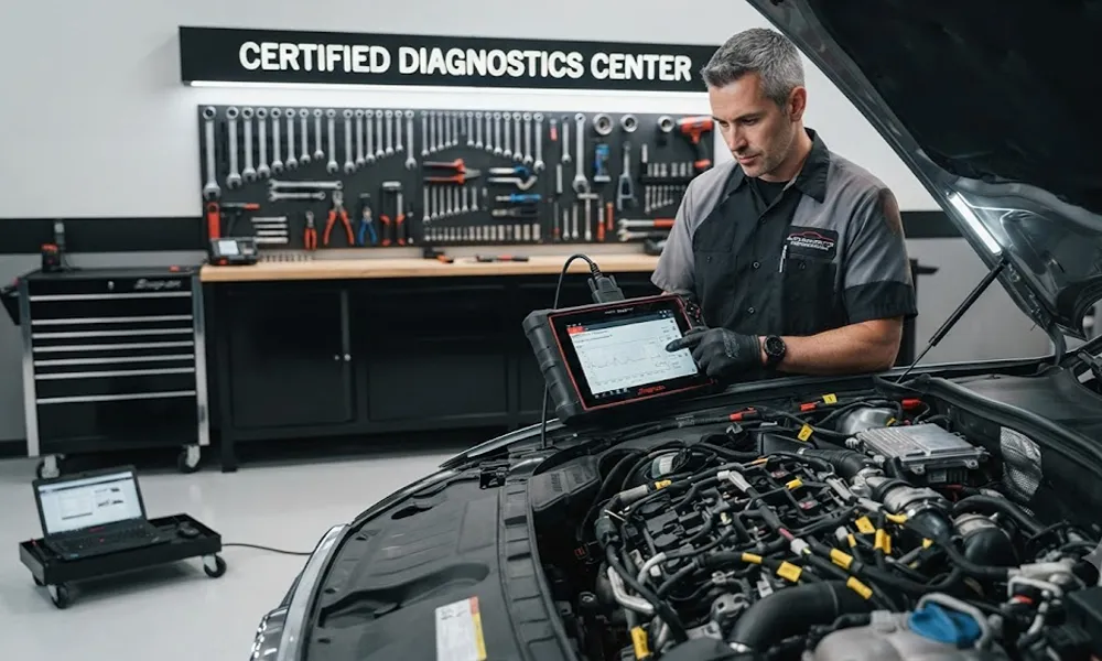 Mecánico profesional realizando diagnóstico computarizado a un vehículo moderno.