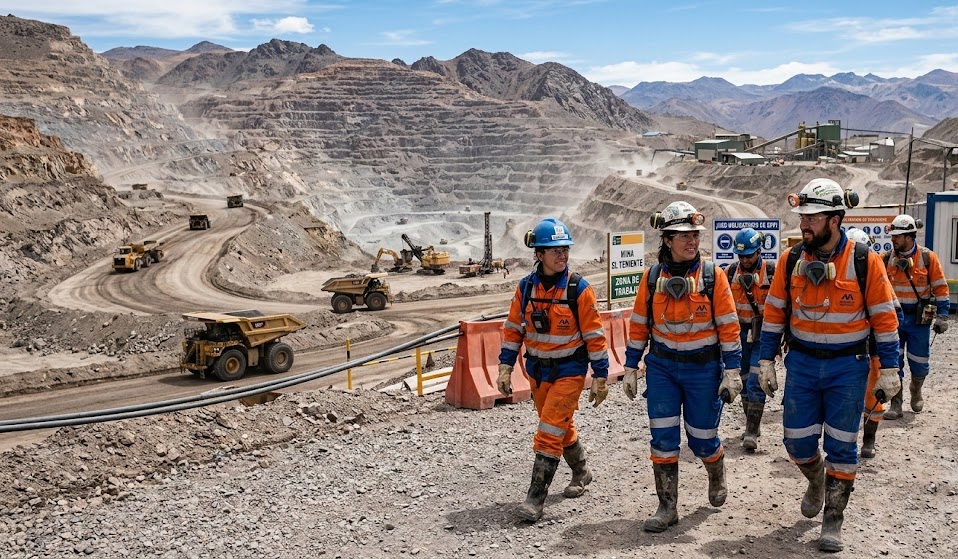 Operarios y trabajadores de base con equipo de protección operando en un yacimiento minero.