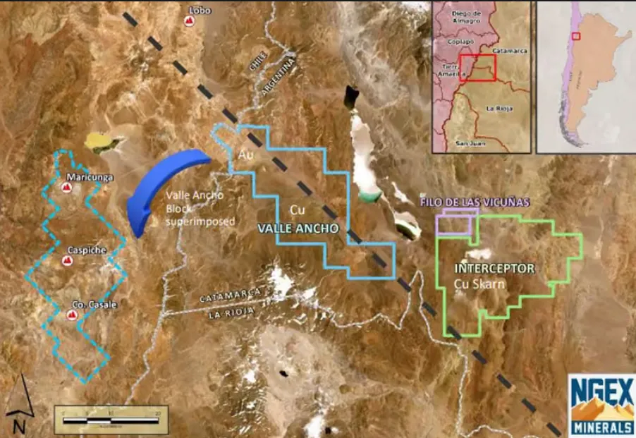 Mapa de ubicación del Proyecto Valle Ancho de NGEx Minerals en la provincia de Catamarca, Argentina, mostrando su extensión de 109.000 hectáreas dentro del Cinturón Aurífero de Maricunga y su relación con el Distrito Vicuña.