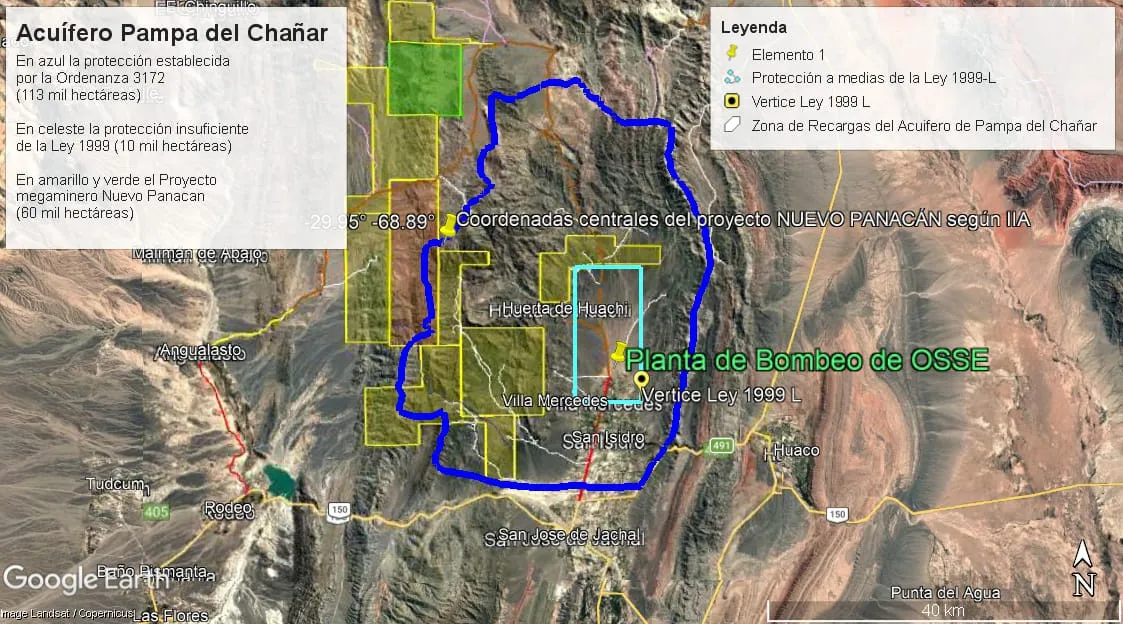 Cruce cartográfico del pedimento del proyecto minero Nuevo Panacán con el área protegida del acuífero Pampa del Chañar.